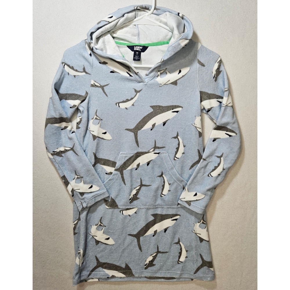 Lands' End Kids Long Sleeve Hooded Terry Swimsuit Cover-Up, Sharks, MD (8), NEW